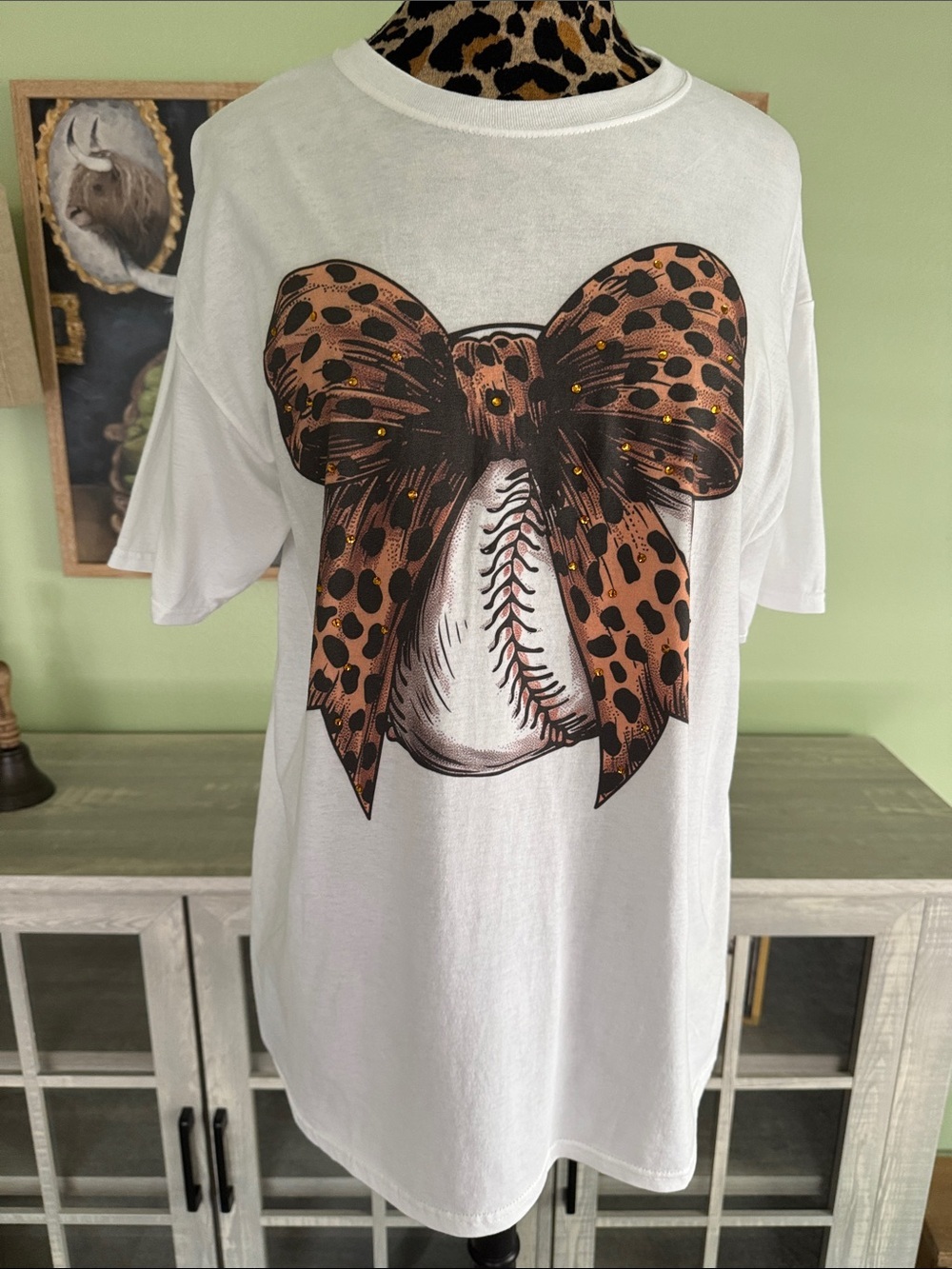 Leopard Bow & Baseball Graphic Tee with Bling